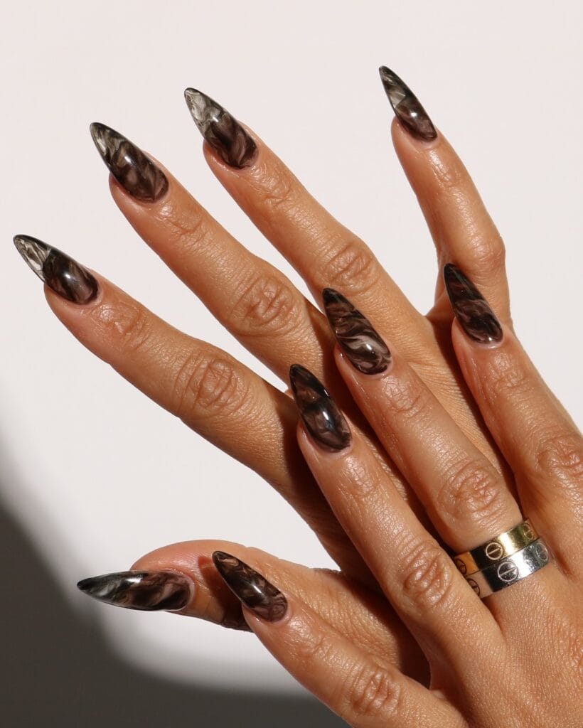 Long stiletto fall 2026 nails with translucent brown and black smoke marbling and clear tips