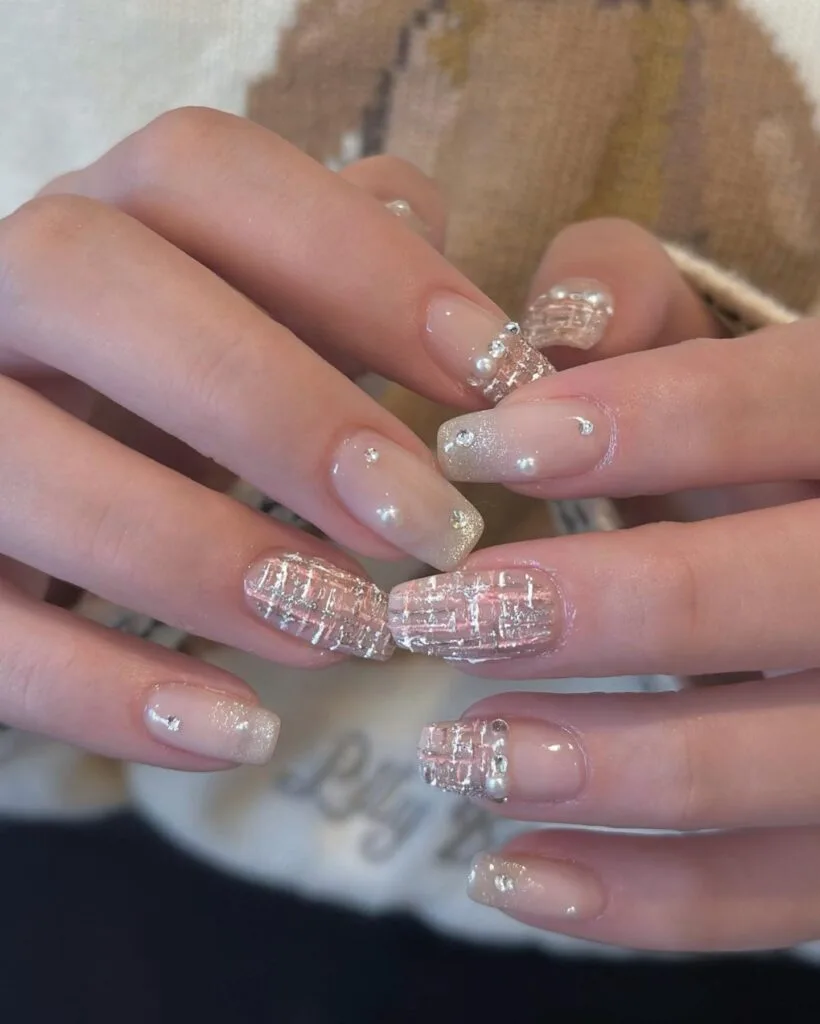 Short square 2026 autumn nails in sheer nude with pink and silver tweed weave and pearls