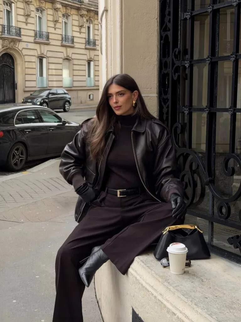 Woman in a brown leather jacket, turtleneck, and trousers in a tonal fall outfit.