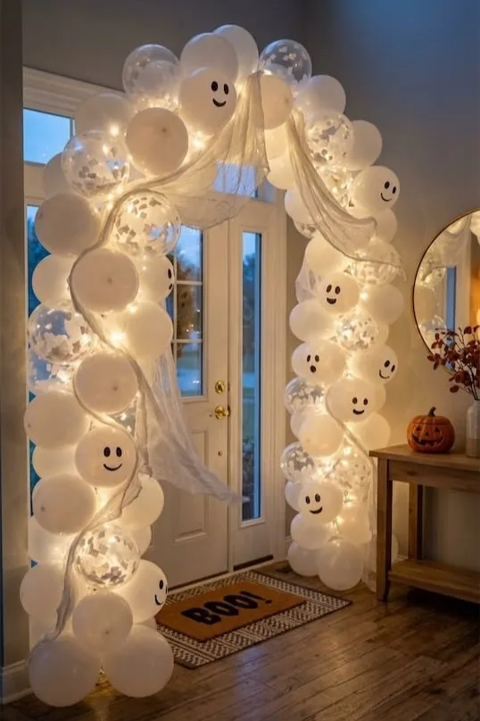 Halloween party entrance with white ghost balloons, string lights, gauze, and a "Boo!" doormat
