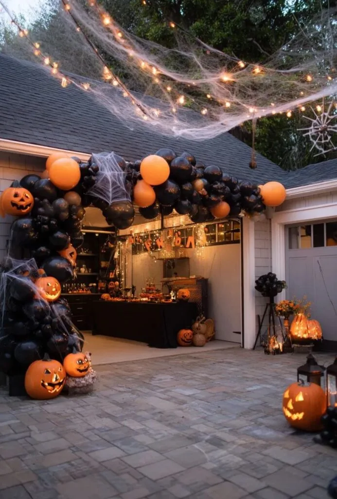 Halloween party entrance with black and orange balloons, jack-o’-lanterns, cobwebs, and string lights
