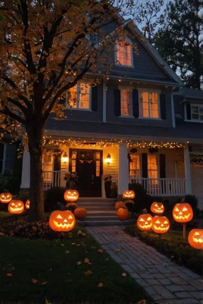 Halloween party entrance with glowing jack-o’-lanterns lining a front walkway at dusk
