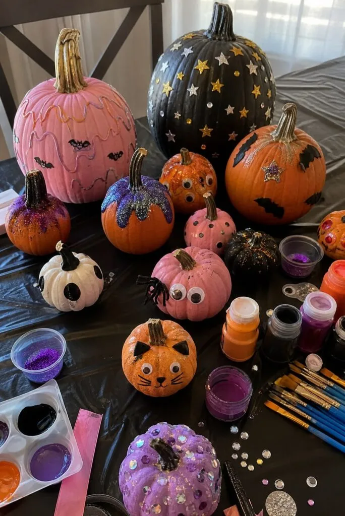 Halloween pumpkin painting station with painted pumpkins, brushes, glitter, rhinestones, and colorful paint