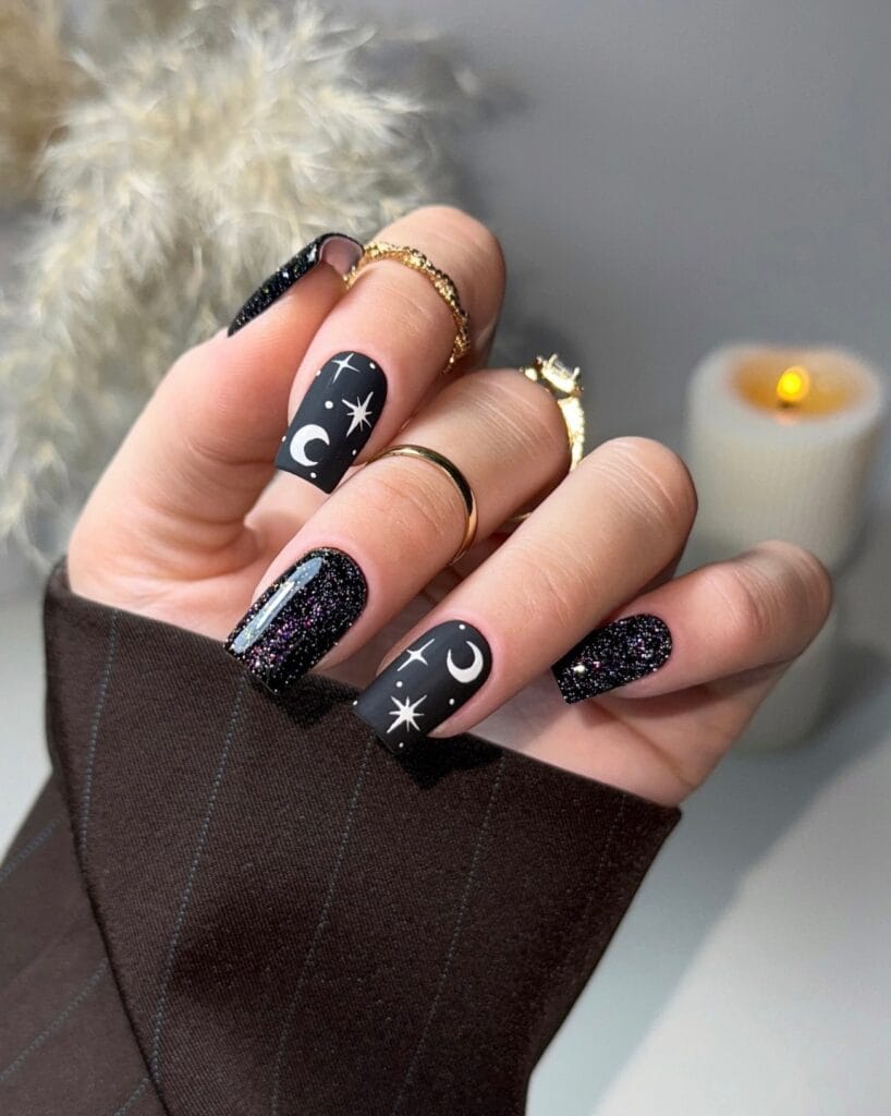 Square black witchy nails alternating matte white moon-and-star art with glossy glitter nails.
