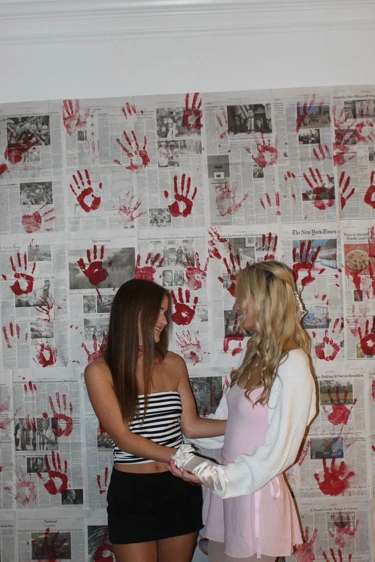 Halloween photo backdrop with newspaper pages covered in red handprints
