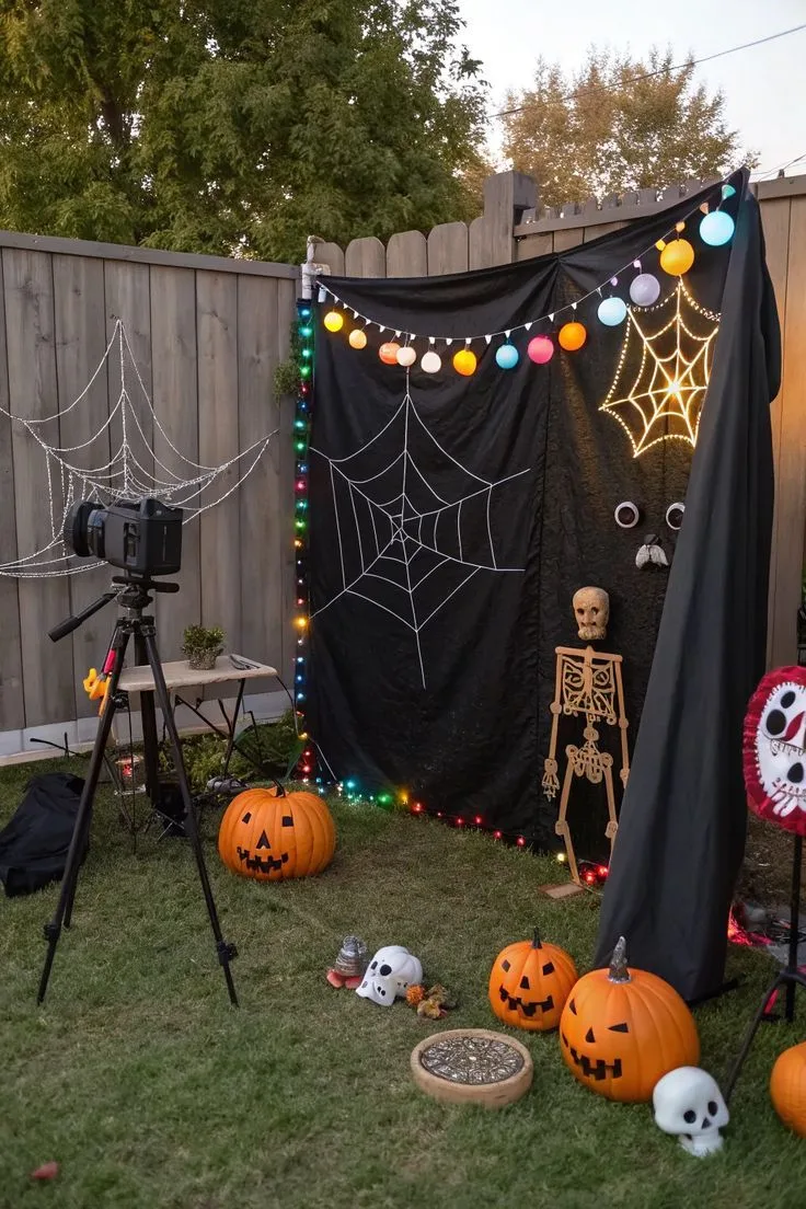Outdoor Halloween photo backdrop with spiderwebs, pumpkins, skeletons, and string lights
