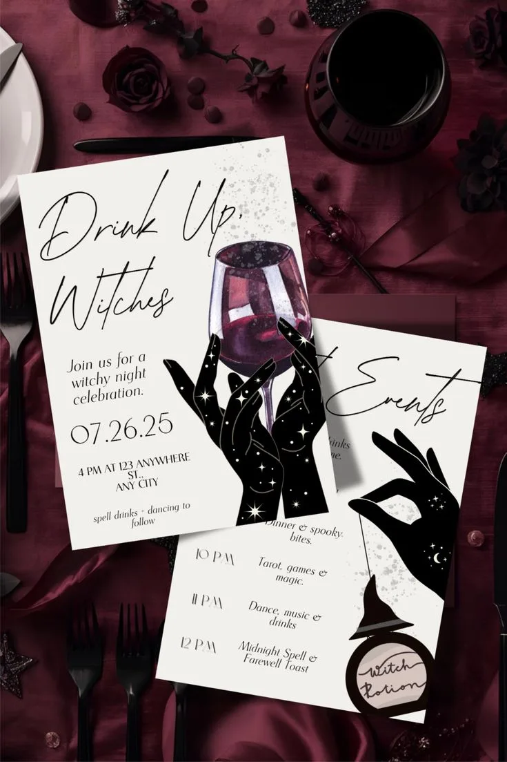 Halloween party invitation reading "Drink Up Witches" with a wine glass, witchy hands, and matching event cards
