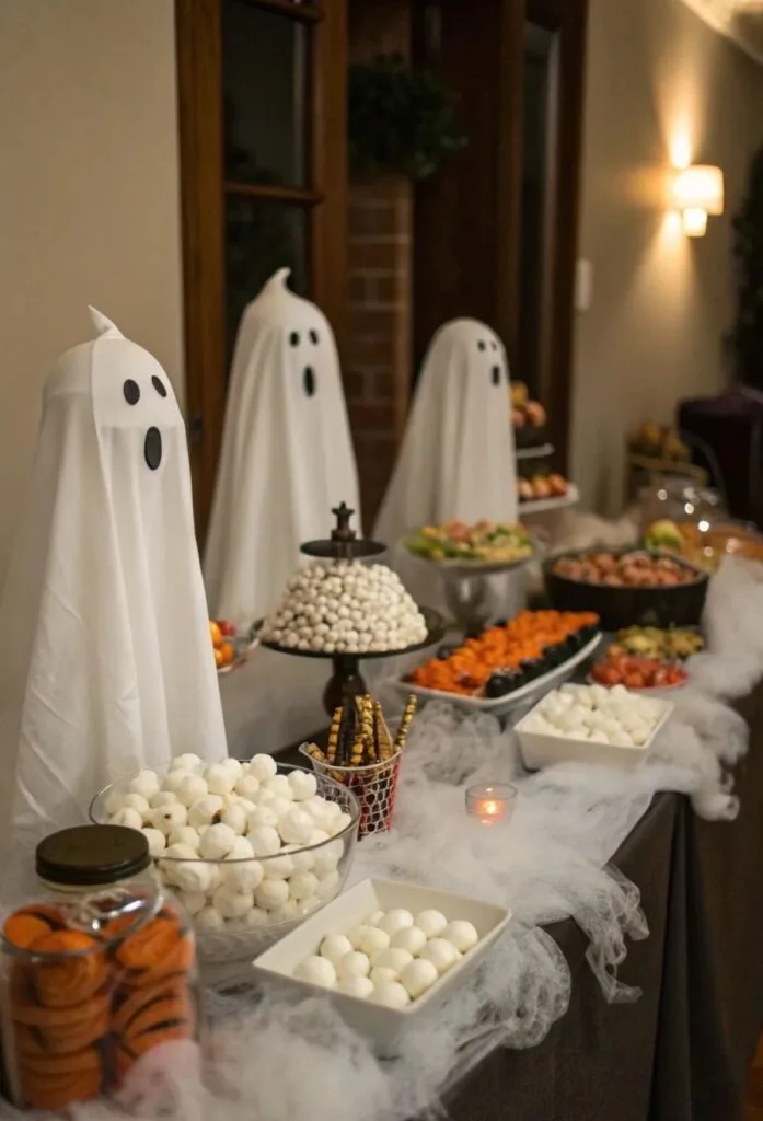 Halloween buffet table with sheet-ghost figures, white snacks, cobwebs, and orange accents
