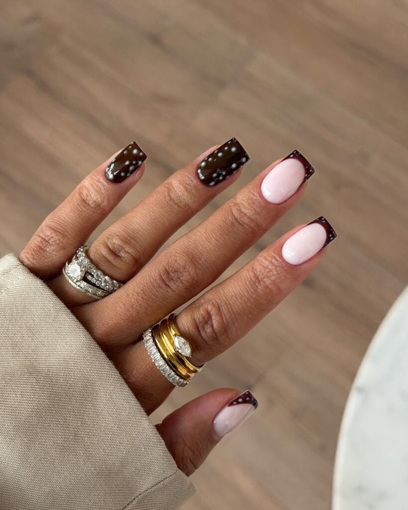 Square fall nails with chocolate brown fawn print, pale spots, pink bases, and dark French tips.
